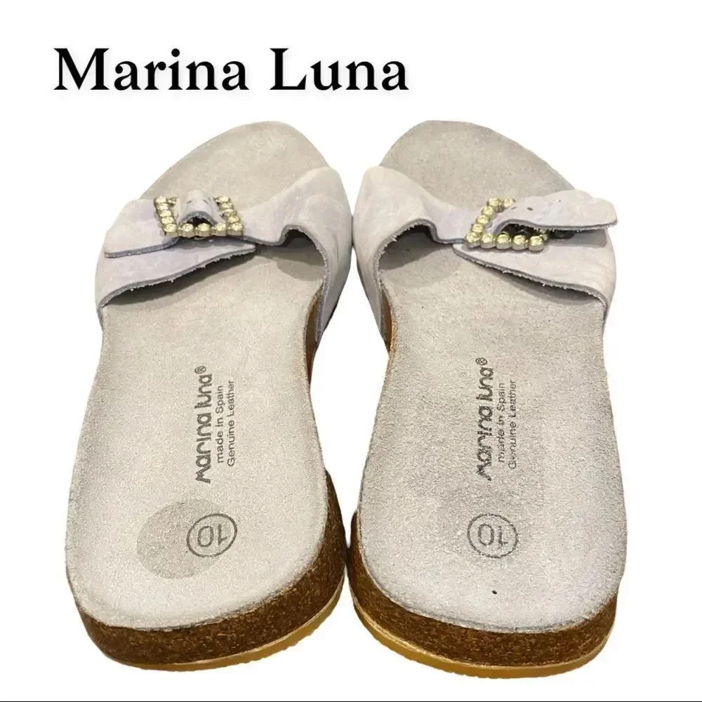 Marina Luna Women's Blue Suede Leather Slip On Jewelled Slide Sandals 10